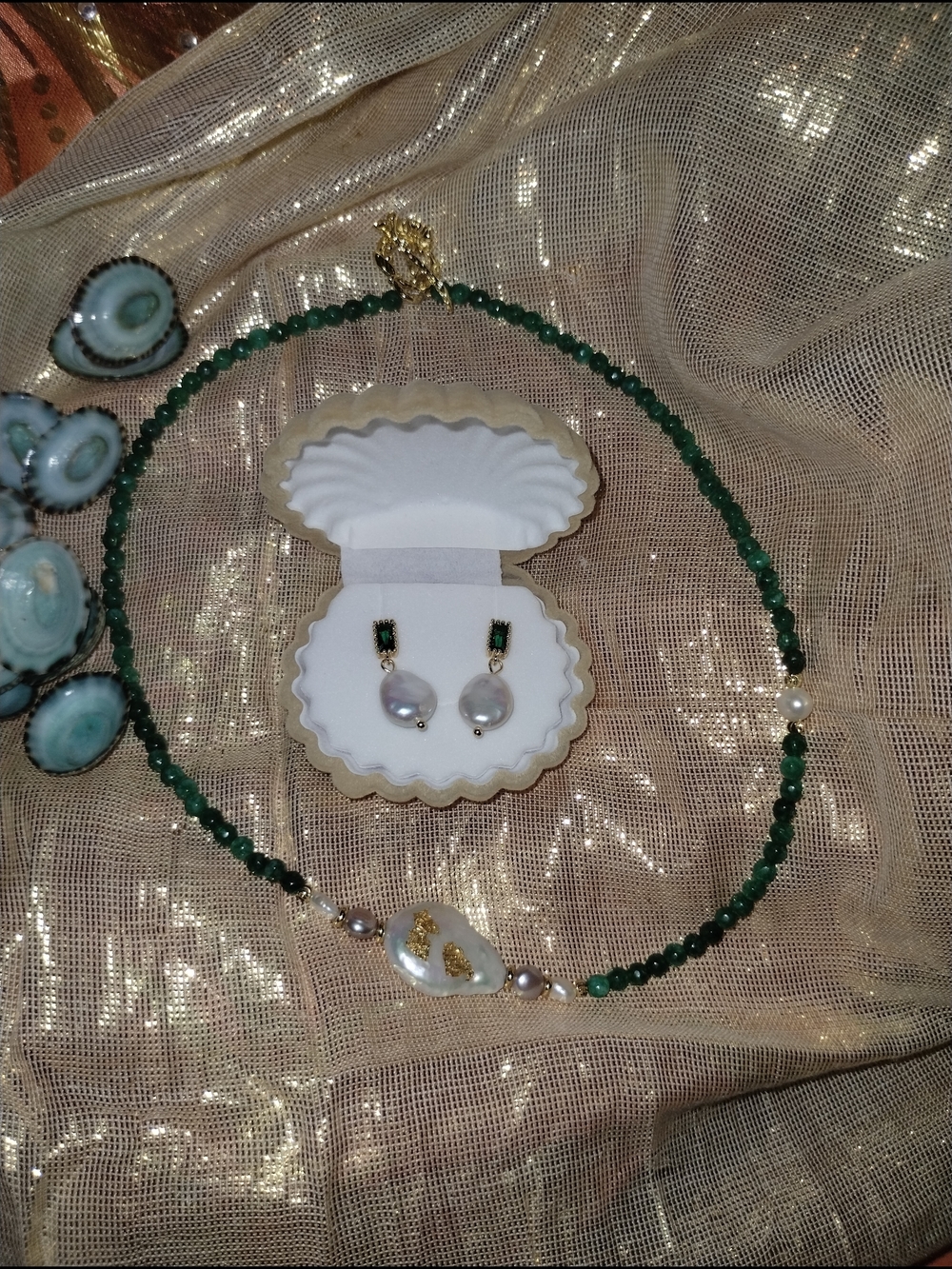 French Vintage Green Pearl Necklace & Earrings- Wedding Jewelry
